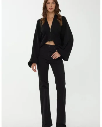 Pulover dama -  supradimensionat cu guler cu fermoar - negru - tricot