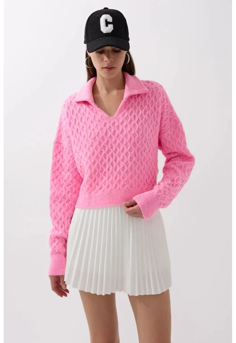 Pulover dama -  pulover tricotat texturat cu guler camasa - roz - tricot