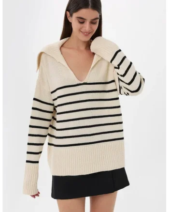 Pulover dama -  cu dungi - decolteu in V - tricot - Alb prafuit -