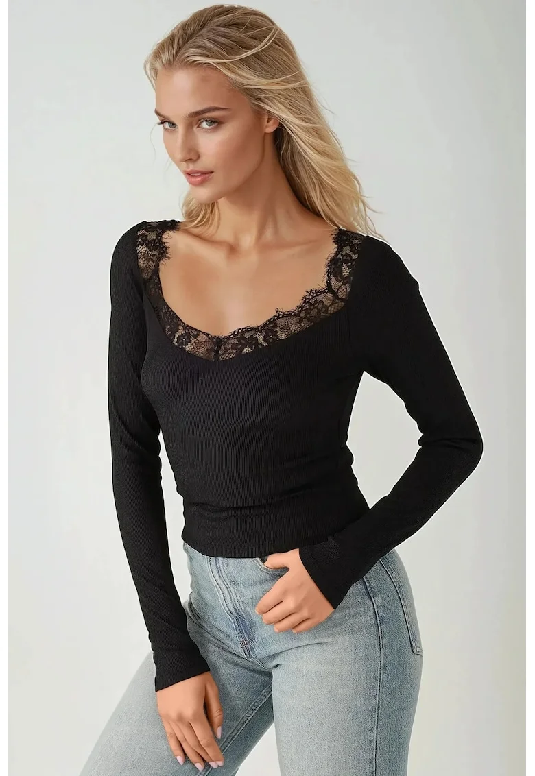Top  -  slim fit - decolteu in V - maneca lunga - negru - jerseu