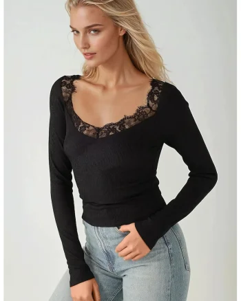 Top  -  slim fit - decolteu in V - maneca lunga - negru - jerseu