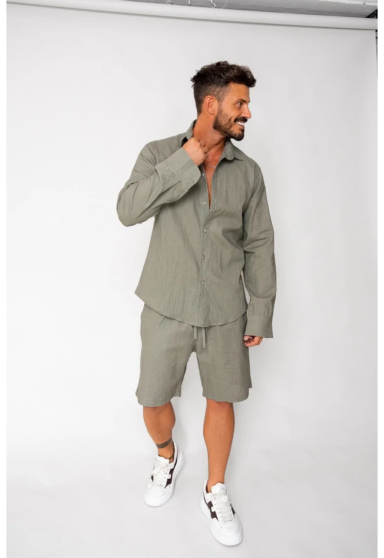 Set Lino 100% In camasa si pantalon scurt Dark Olive 17950 - Verde masliniu inchis
