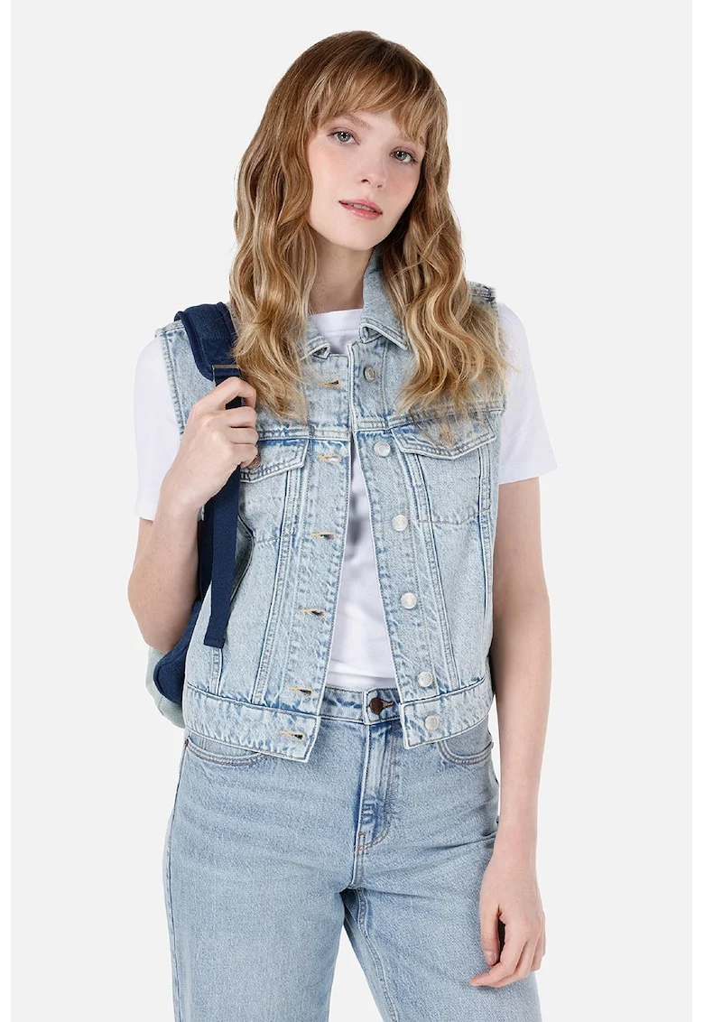Vesta din denim cu aplicatii pe piept - Albastru deschis