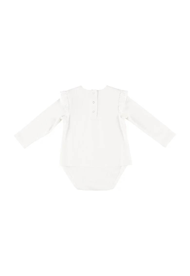 Body cu maneca lunga si volan cu broderie  - Bravery - Ecru - pentru fetite - Ecru