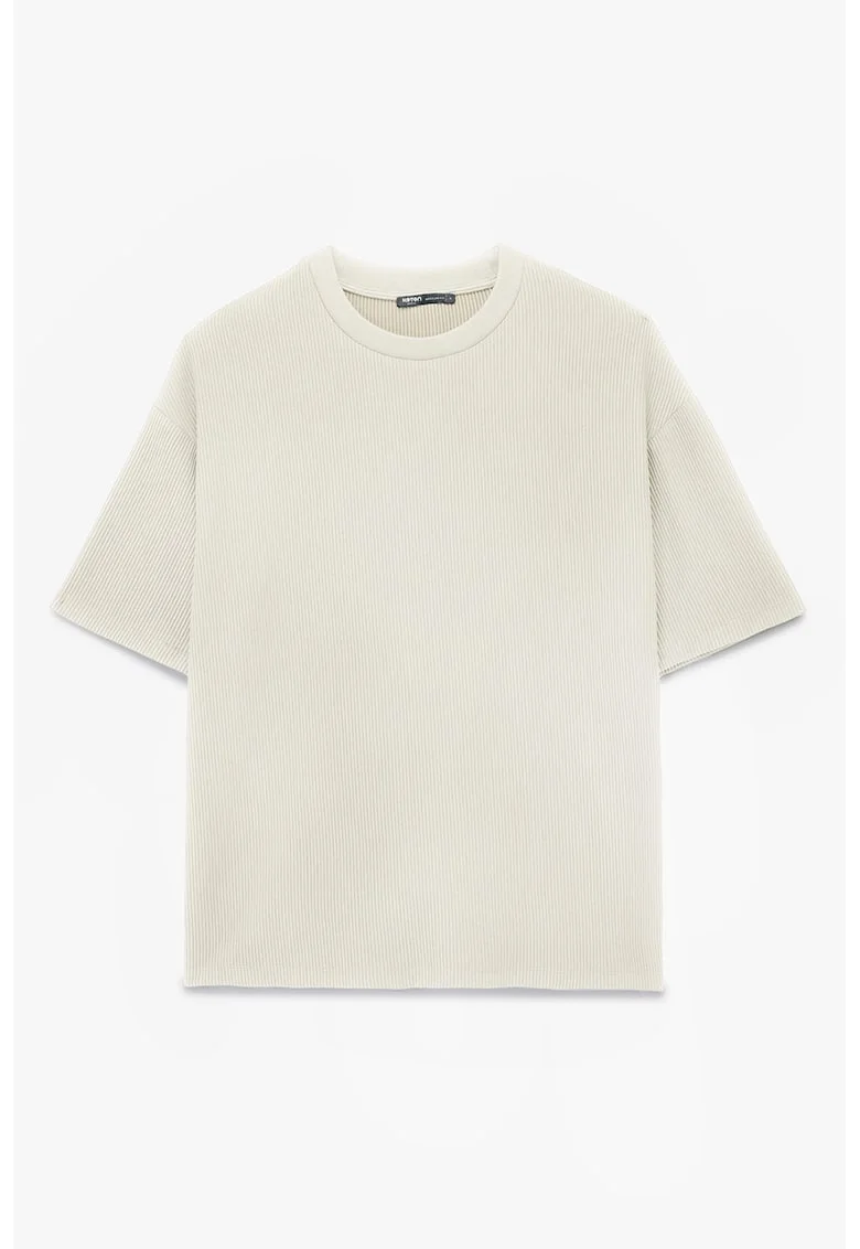 Tricou striat cu decolteu la baza gatului - Alb murdar