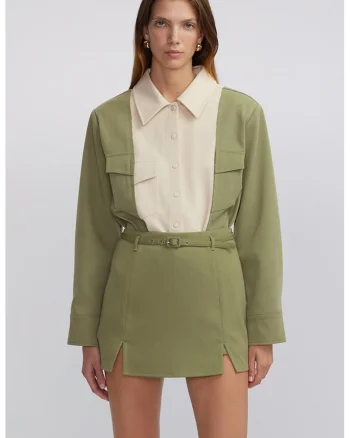 Fusta-pantalon uni cu o curea subtire in talie - Verde sparanghel
