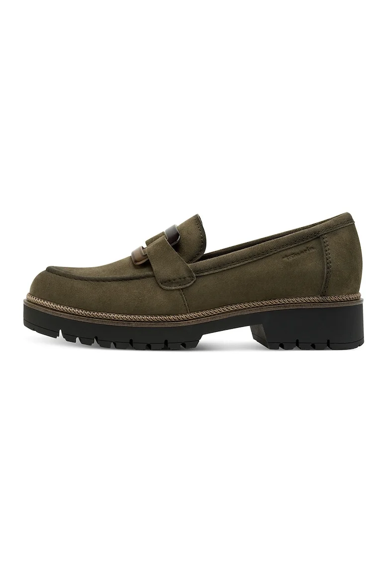 Pantofi loafer de piele cu toc masiv - Kaki inchis