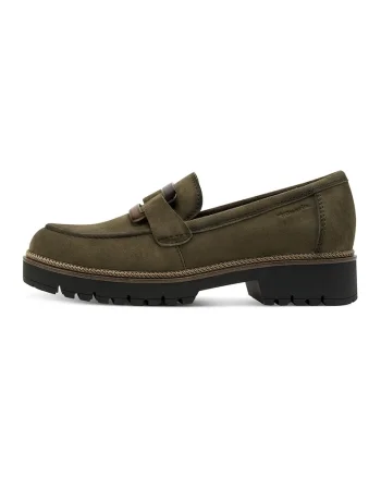 Pantofi loafer de piele cu toc masiv - Kaki inchis