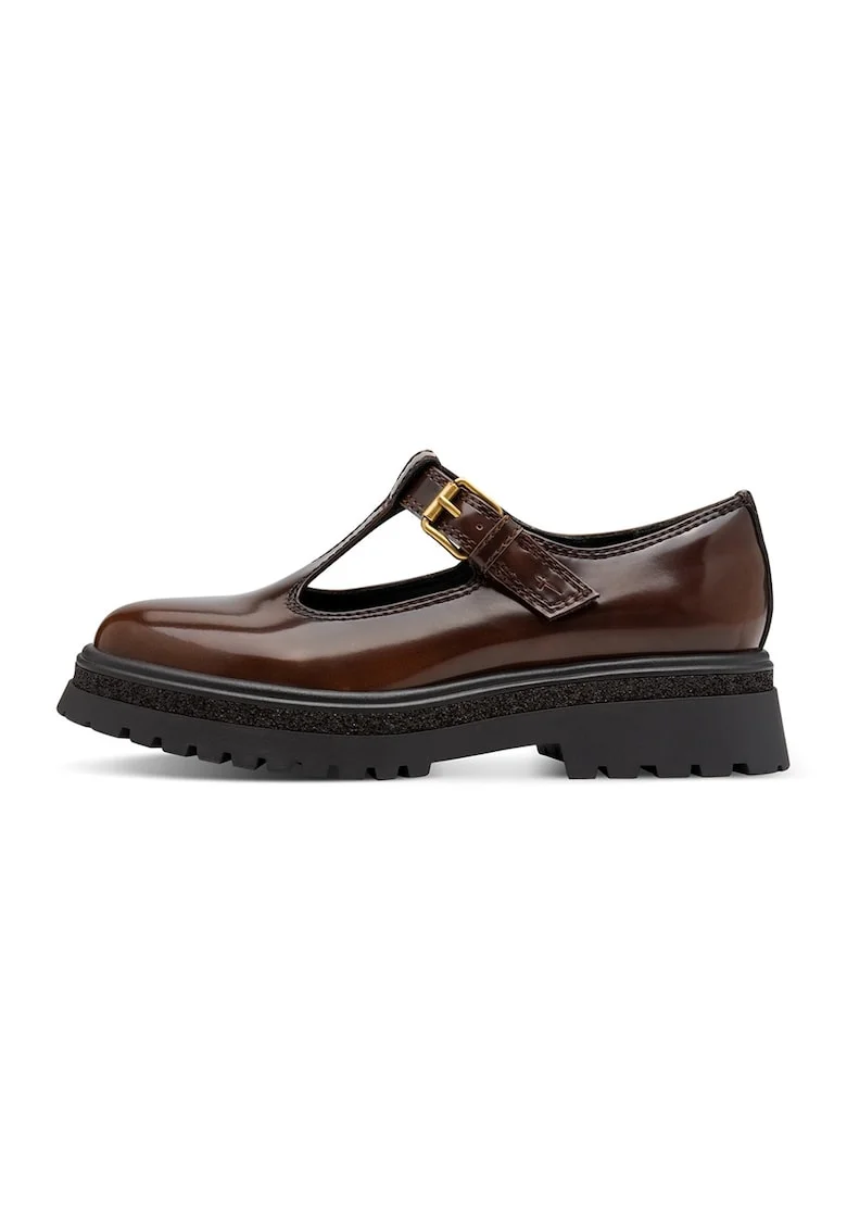 Pantofi din piele lacuita cu bareta in T - Maro inchis/Negru