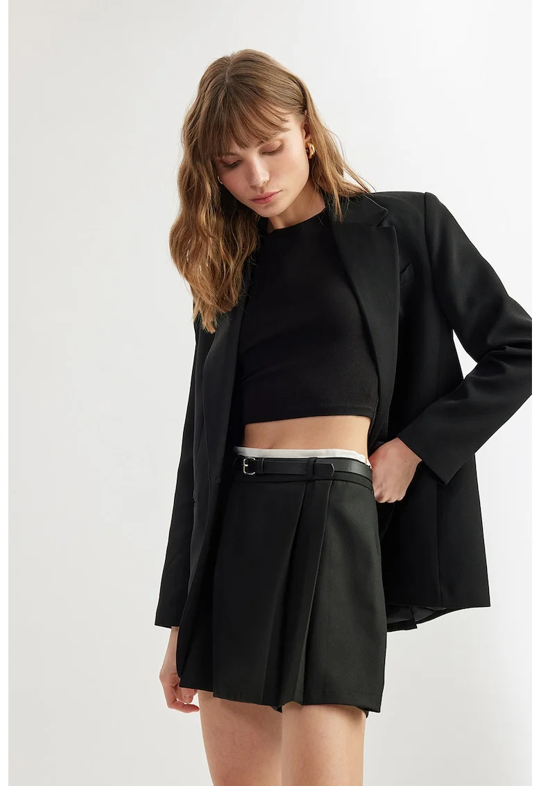 Fusta-pantalon cu talie inalta si curea - Negru