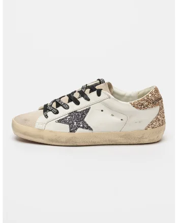 Pantofi sport de piele cu insertii stralucitoare si din material textil - Negru/Alb murdar/Roz prafuit