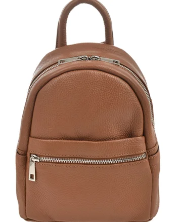Rucsac de piele cu buzunar cu fermoar - Caramel