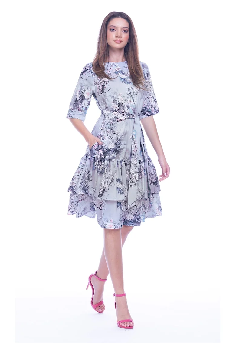 Rochie evazata cu model floral si cordon in talie - Alb/Gri/Roz