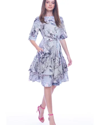 Rochie evazata cu model floral si cordon in talie - Alb/Gri/Roz