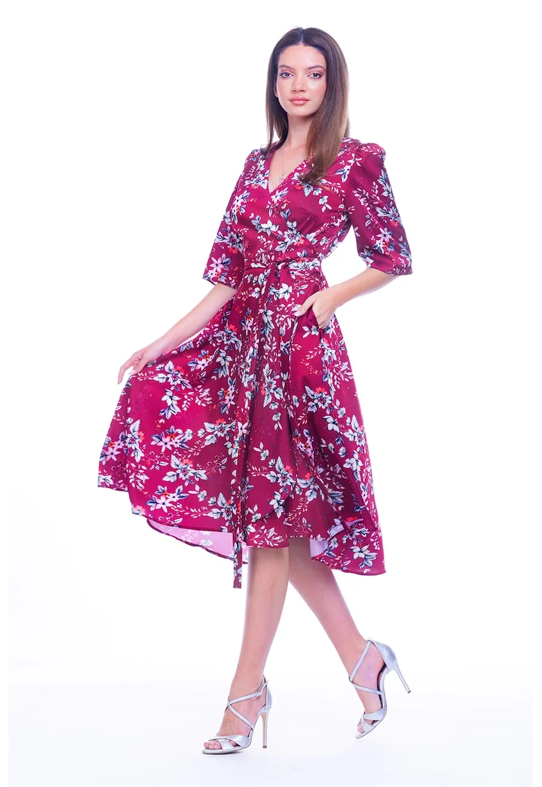 Rochie cu croiala petrecuta si buline - Roz zmeuriu/Albastru