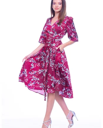 Rochie cu croiala petrecuta si buline - Roz zmeuriu/Albastru