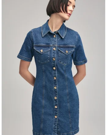 Rochie-camasa din denim cu croiala dreapta - Albastru