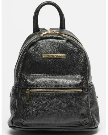 Rucsac de piele cu buzunar frontal cu fermoar - Negru