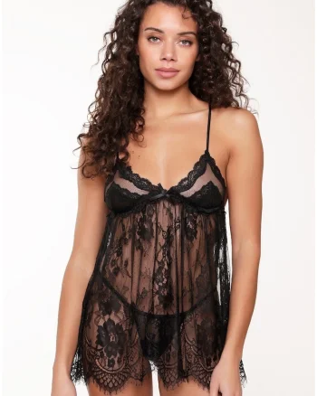 Set de neglijeu de dantela si chiloti tanga - Negru