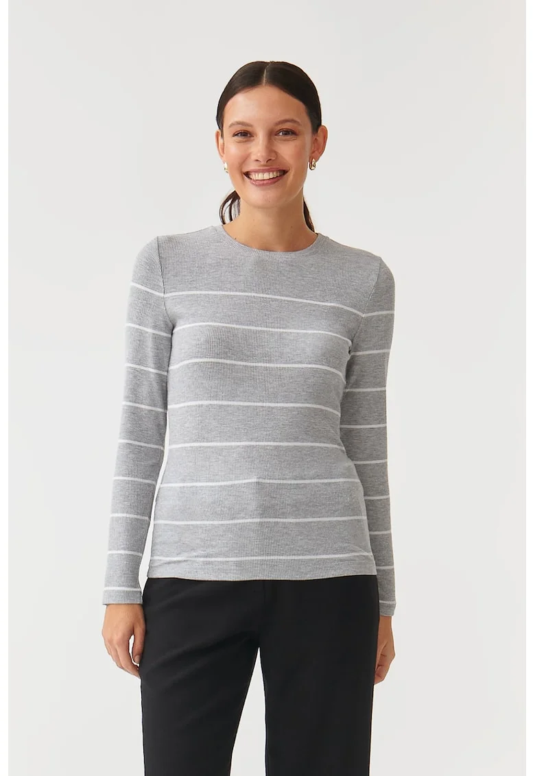 Bluza cu decolteu rotund si model in dungi - Alb/Gri melange