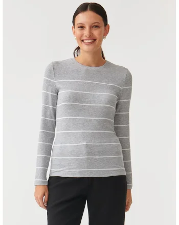 Bluza cu decolteu rotund si model in dungi - Alb/Gri melange