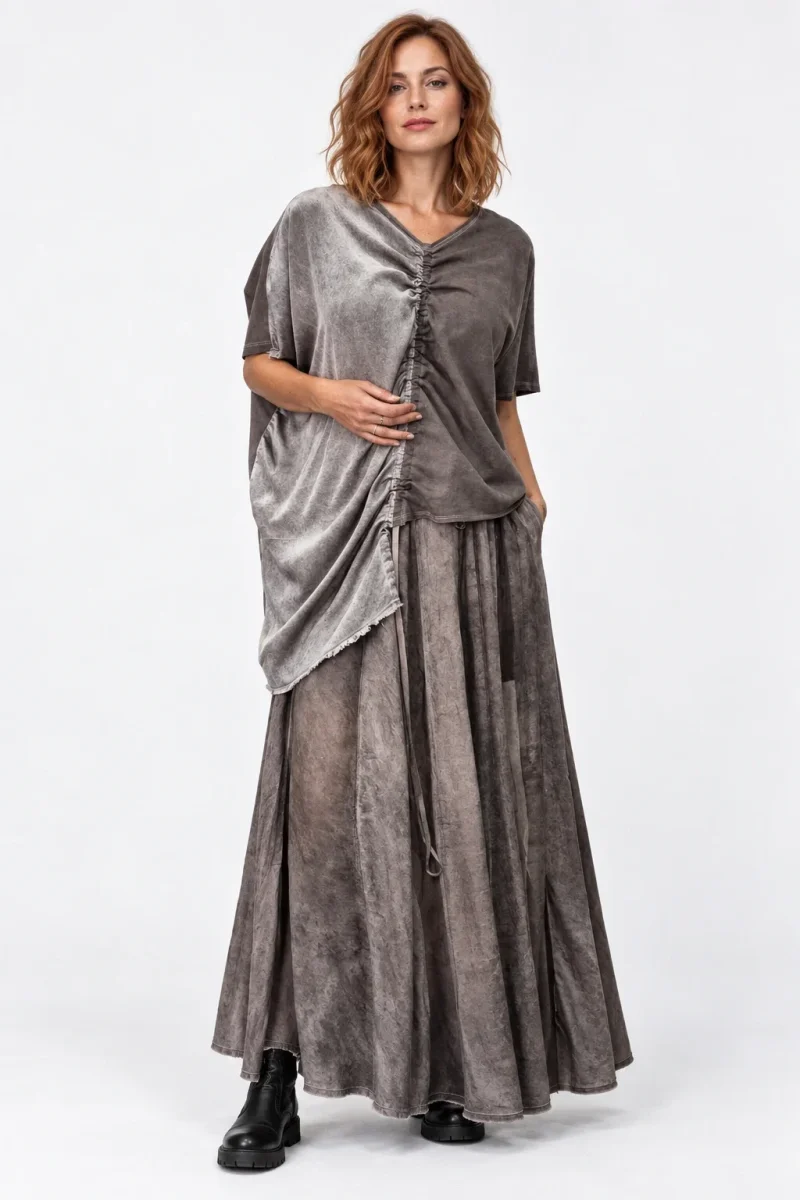 Bluza asimetrica oversize din bumbac si vascoza cu fronseu reglabil, mov taupe