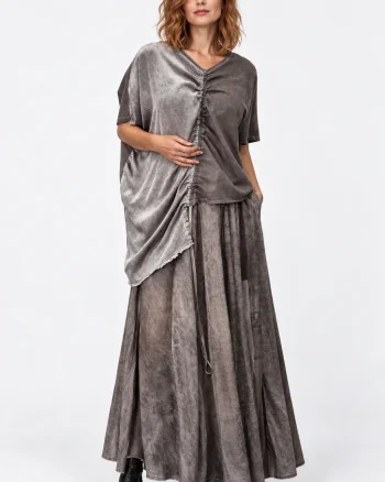 Bluza asimetrica oversize din bumbac si vascoza cu fronseu reglabil, mov taupe