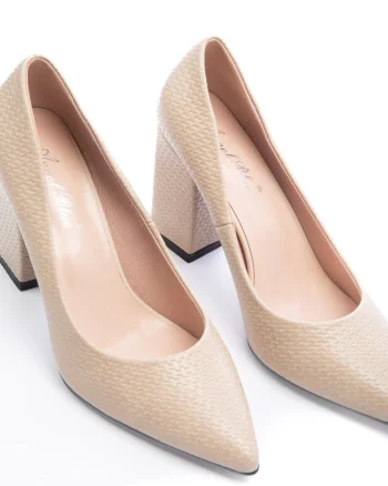 Pantofi Eleganti din Piele Ecologica cu model si toc Gros CRL0726 bej