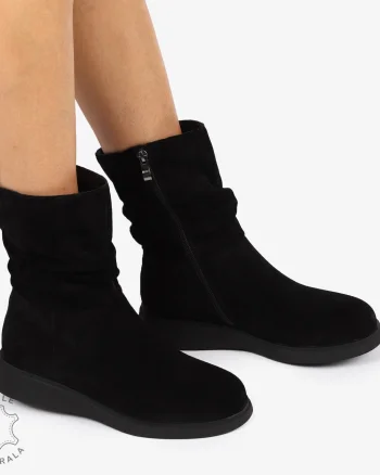 Cizme dama piele naturala intoarsa scurte cu talpa plata si Detaliu Lateral CRL1256 NEGRU