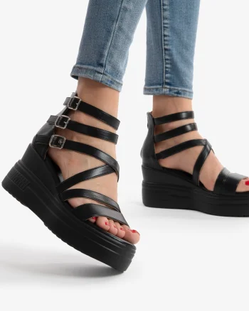 SANDALE DIN PIELE ECOLOGICA CU PLATFORMA CRL0751 NEGRU