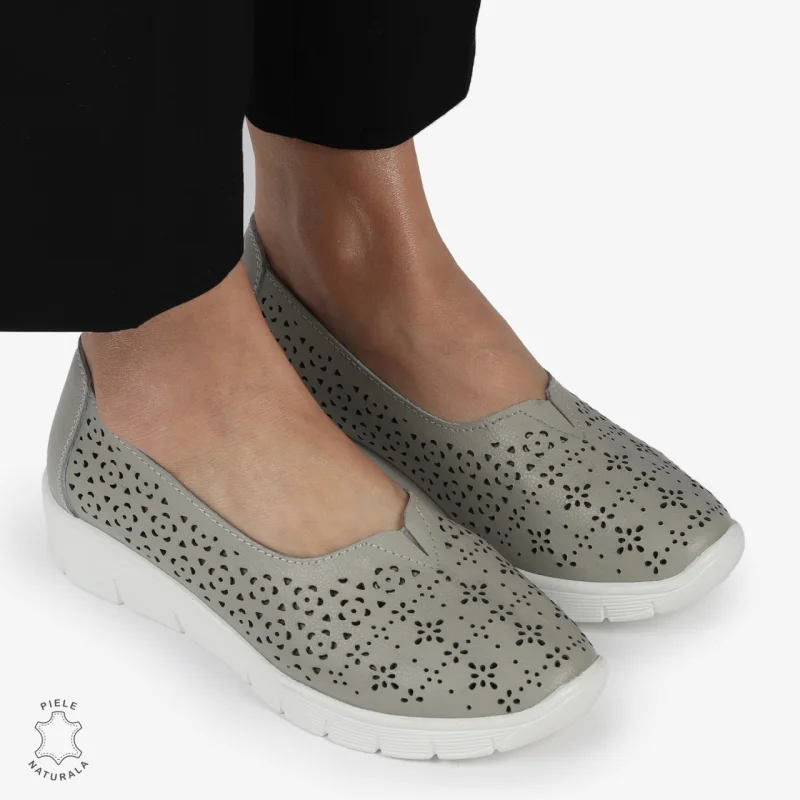 Balerini dama din Piele Naturala CU MICI PERFORATI CRL1416 GRI