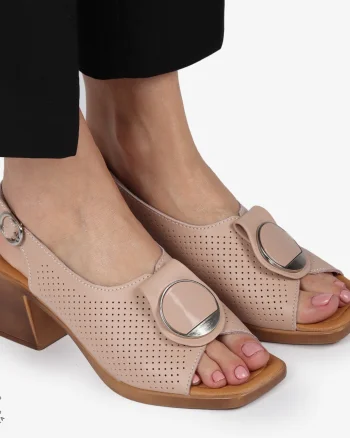 SANDALE dama din Piele Naturala PERFORATA CU TOC PATRAT SI CATARAMA CRL1370 ROZ