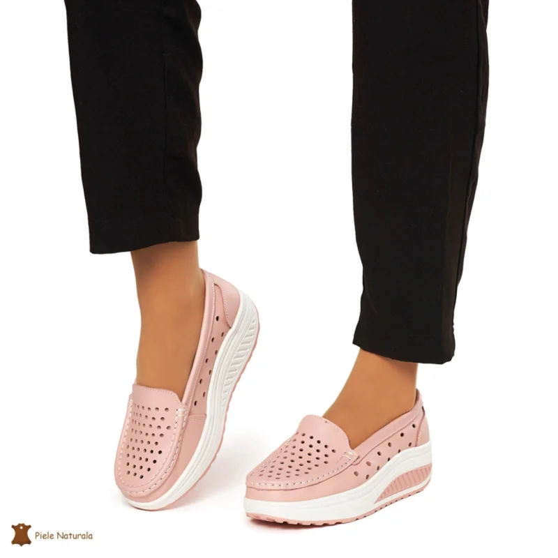 Mocasini Dama Piele Naturala perforati cu talpa groasa CRL0079 ROZ
