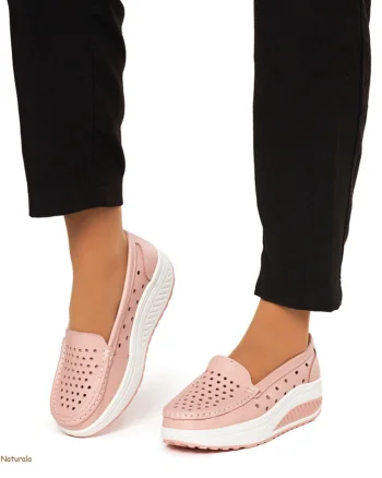 Mocasini Dama Piele Naturala perforati cu talpa groasa CRL0079 ROZ