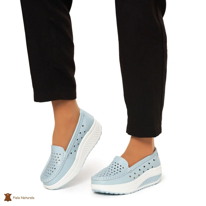 Mocasini Dama Piele Naturala perforati cu talpa groasa CRL0079 ALBASTRRU