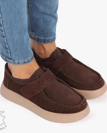 MOCASINI dama din Piele Naturala INTOARSA CU INCHIDERE VELCRO CRL1227 MARO