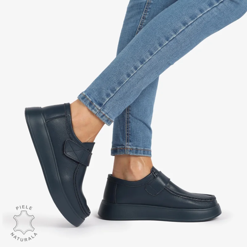 MOCASINI dama din Piele Naturala CU INCHIDERE VELCRO CRL1227 BLEUMARIN