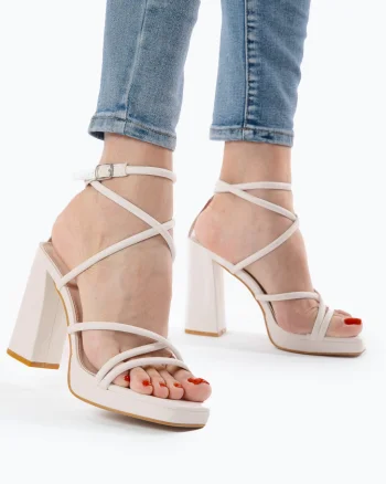 SANDALE ELEGANTE DIN PIELE ECOLOGICA CU MODEL SI TOC GROS CRL0734 BEJ