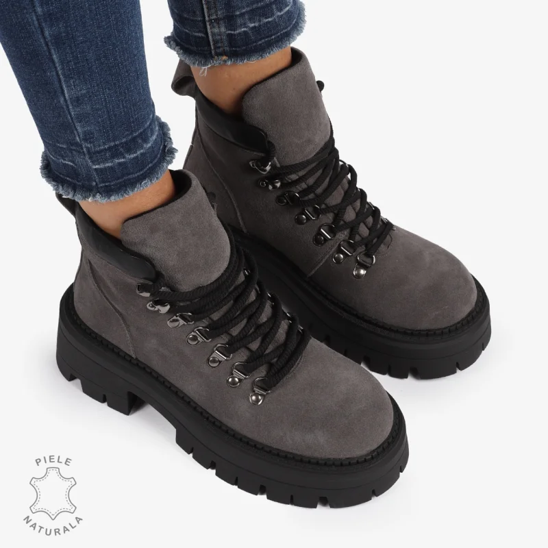 Ghete DAMA din PIELE Naturala Intoarsa Tip Combat Boot CRL1240 GRI