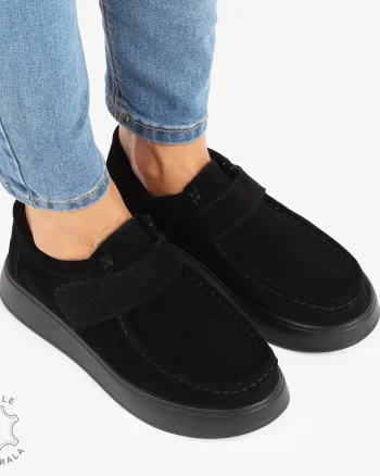 MOCASINI dama din Piele Naturala INTOARSA CU INCHIDERE VELCRO CRL1227 NEGRU