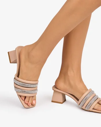 Pantofi eleganti dama din Piele ECOLOGICA cu toc gros si strasuri CRL1086 CULOARE: Bej