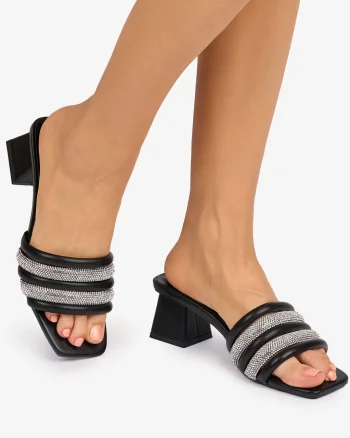 Pantofi eleganti dama din Piele ECOLOGICA cu toc gros si strasuri CRL1086 CULOARE: NEGRU