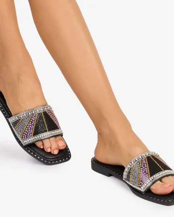 PAPUCI dama din Piele ECOLOGICA CU STRASURI COLORATE CRL1076 CULOARE: NEGRU