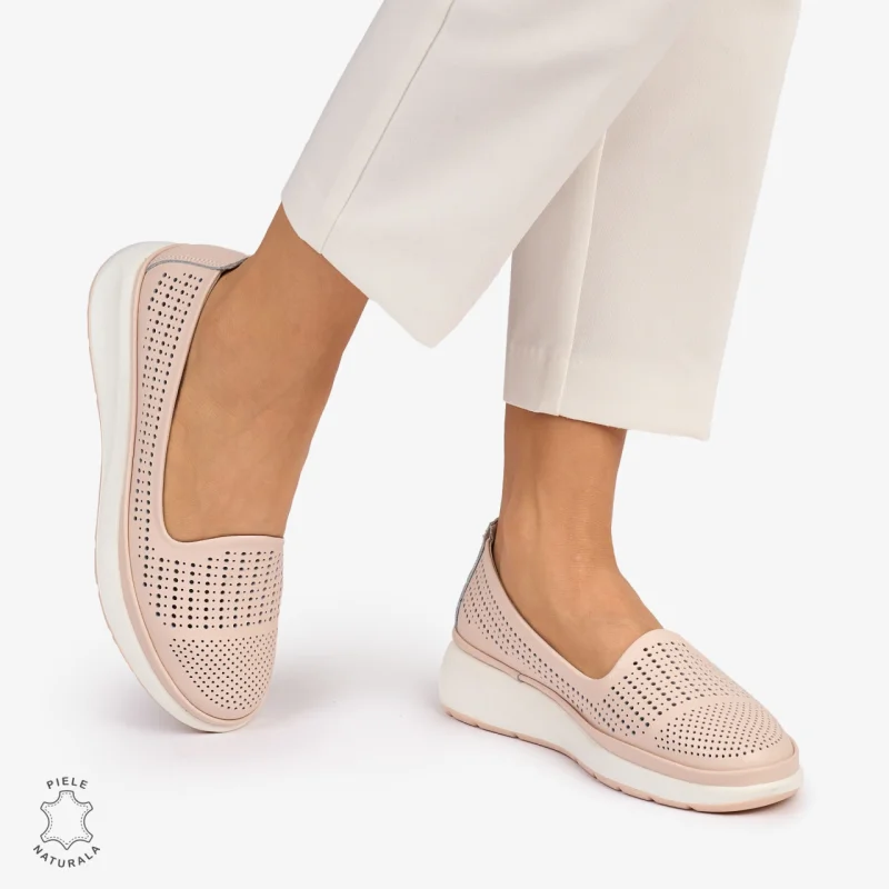 Balerini dama din Piele Naturala Perforata CRL1075 CULOARE: Roz
