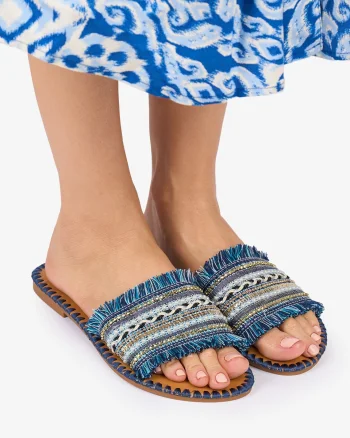 PAPUCI dama Piele ECOLOGICA CU strasuri stil Mexican CRL1013 Culoare: ALBASTRU