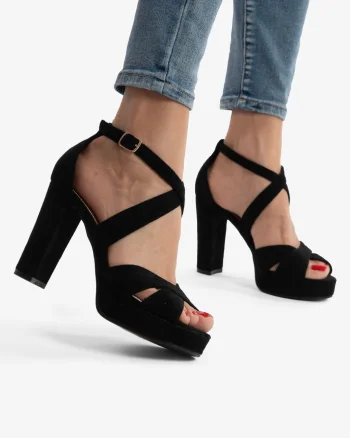SANDALE DIN PIELE ECOLOGICA Intoarsa cu Toc Gros CRL0755 Negru