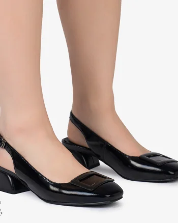 PANTOFI ELEGANTI dama din Piele Naturala CU TOC MIC SI DETALIU PATRAT CRL0986 NEGRU