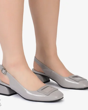 PANTOFI ELEGANTI dama din Piele Naturala CU TOC MIC SI DETALIU PATRAT CRL0986 GRI
