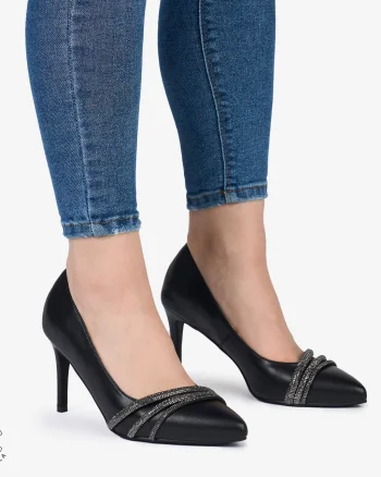 Pantofi Eleganți dama din Piele Naturala cu strasuri si toc subtire CRL0983 NEGRU