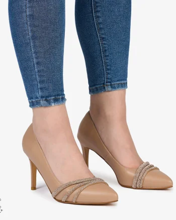Pantofi Eleganți dama din Piele Naturala cu strasuri si toc subtire CRL0983 BEJ